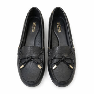 MICHAEL Michael Kors Sutton Black Leather Moccasins, Gold Hardware, 6.5